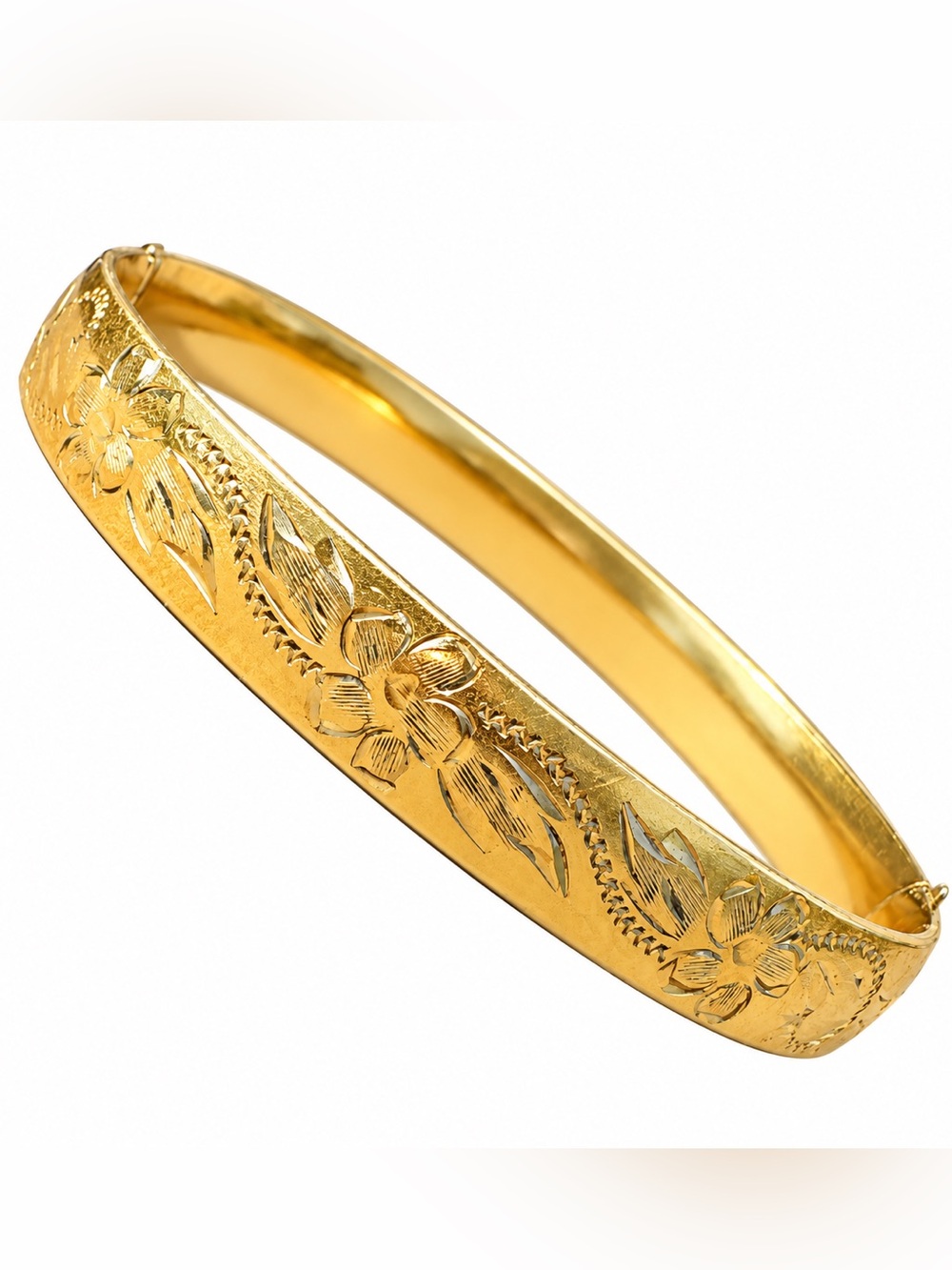 Antique 14 KGF Marathon yellow Gold Filled Floral Etched Hinged Bangle Bracelet